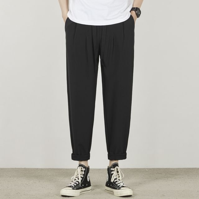 Nightbell-Drawstring Waist Plain Cropped Tapered Pants