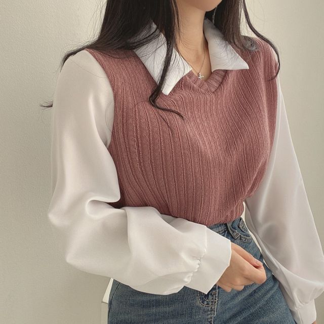MIKIGA-Mock Two Piece V-Neck Knit Panel Shirt