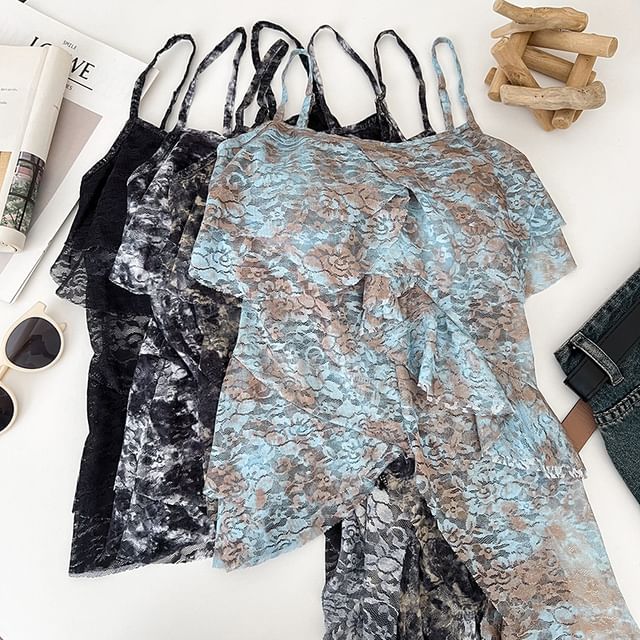 DIYI-Asymmetrical Ruffle Lace Cami Top