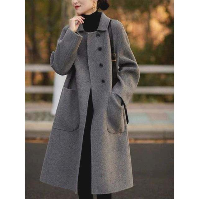 Lewwe-Long Sleeve Lapel Neck Long Coat