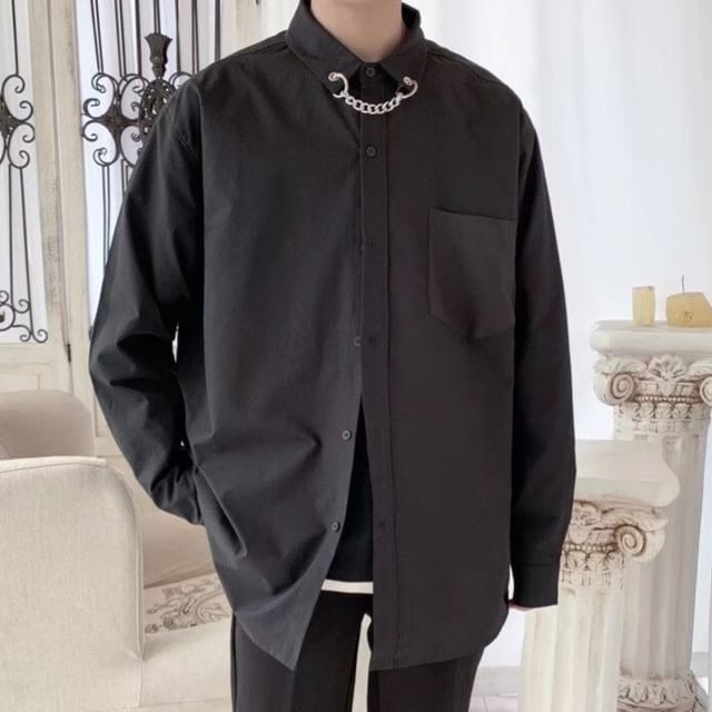 Sinlarity-Long-Sleeve Pocketed Plain Shirt