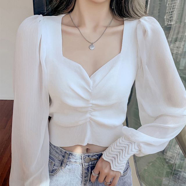 Everose-Lantern-Sleeve Mesh Panel Knit Top