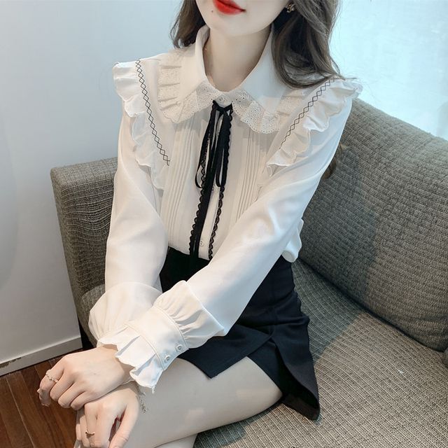 Dragan Pulse-Long-Sleeve Collared Ruffle Tie Front Pintuck Blouse