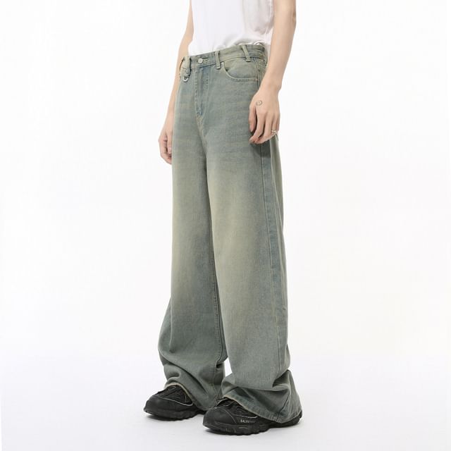 FAERIS-Mid Rise Washed Wide Leg Jeans