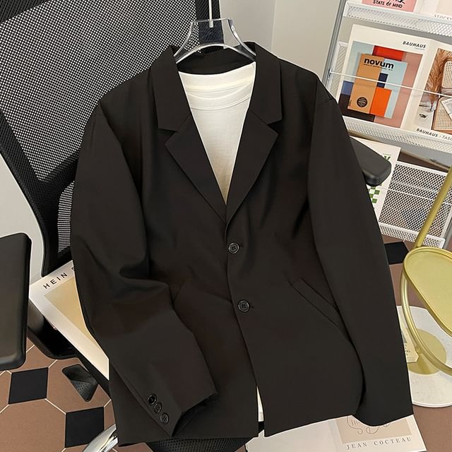 Whyessa-Long Sleeve Lapel Neck Plain Blazer