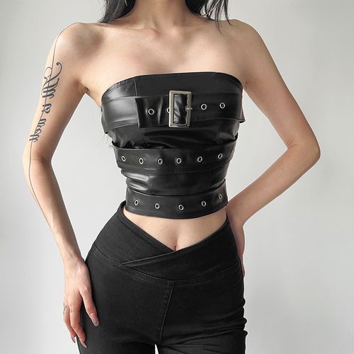 Faux Leather Belt Detail Crop Tube Top