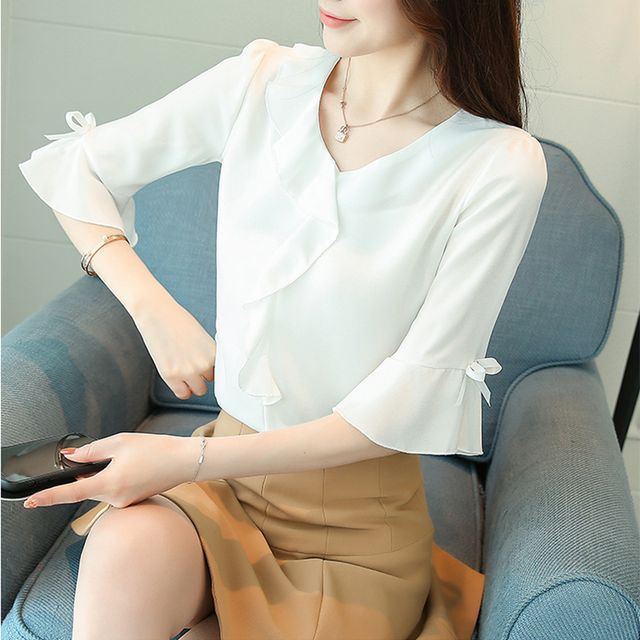 Everose-Ruffle Sleeve Chiffon Blouse
