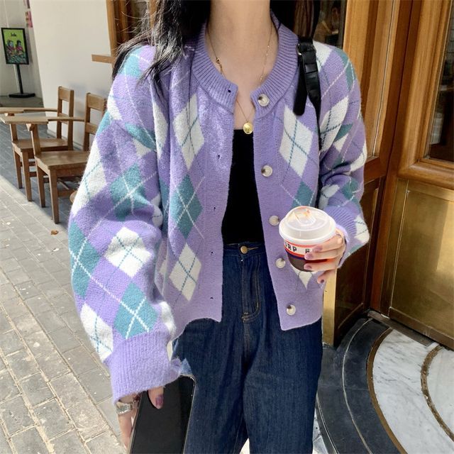 Sienne-Crew Neck Argyle Cardigan