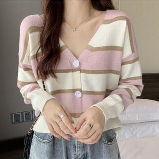 Sisyphi-V-Neck Striped Cropped Button Cardigan