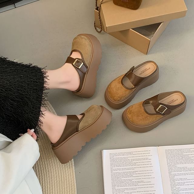 Sleeko-Platform Two Tone Buckled Mary Jane Mules