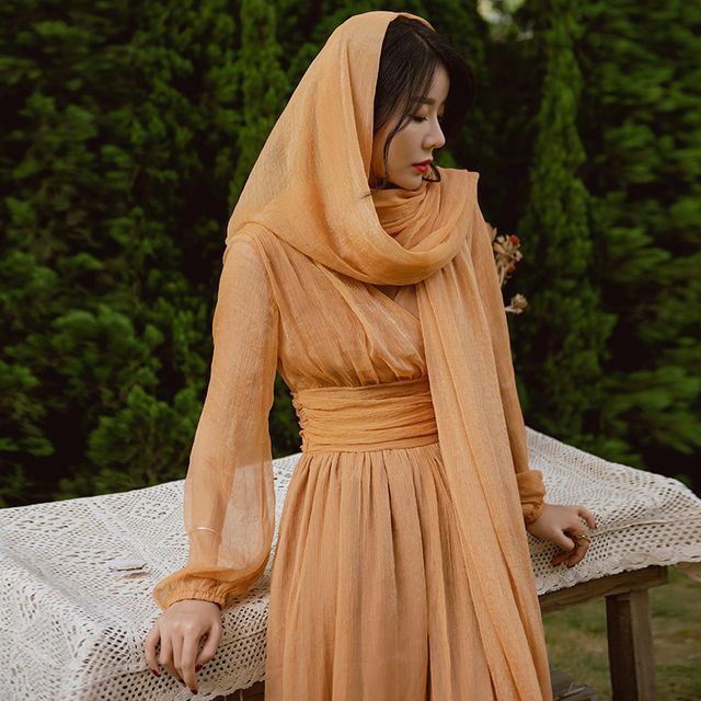 chinese dress ladies Women's Printed Long Sleeve Maxi Wrap Dress with Scarf main image 1