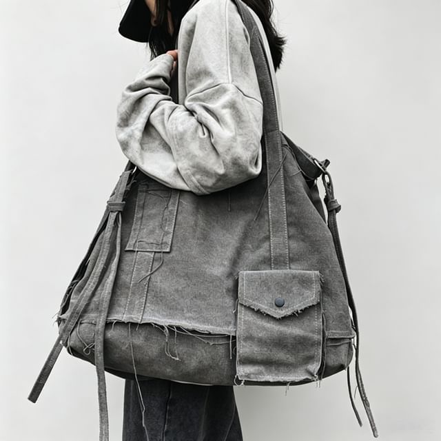 Hikuozy-Multi-Pocket Frayed Crossbody Bag