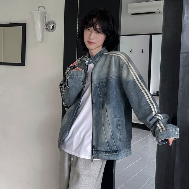 MRCYC-Stand Collar Striped Trim Washed Zip-Up Denim Jacket