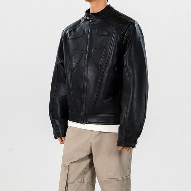 Omozando-Plain Faux Leather Zip Jacket