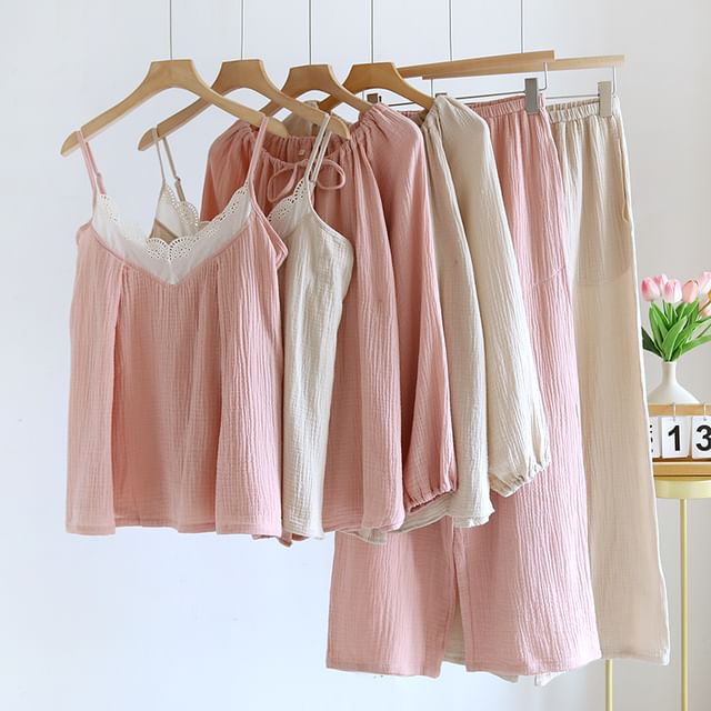 Dazzli-Pajama Set Long-Sleeve Crew Neck Plain Button-Up Top V-Neck Eyelet Lace Panel Camisole Top Pants