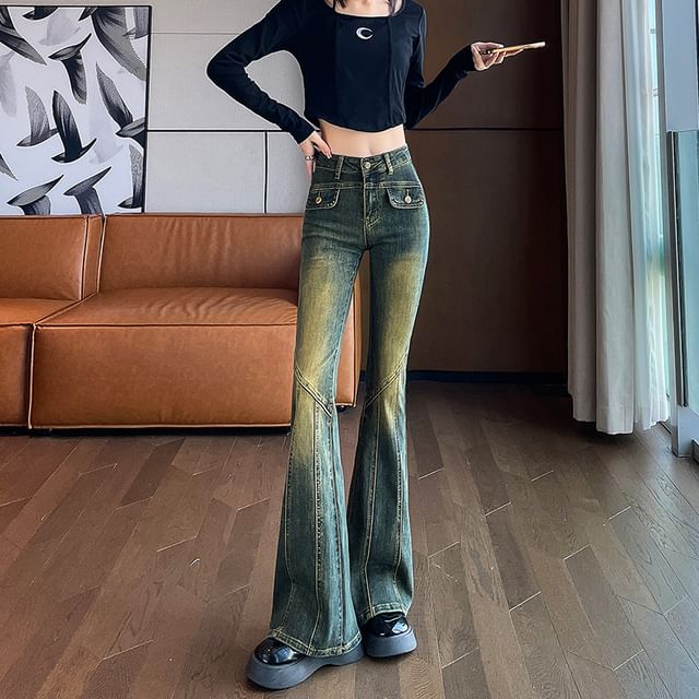 Magimomo-High Rise Washed Flared Jeans Various Designs