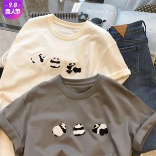 Rosesand Short-Sleeve Round Neck Panda Embroidered T-Shirt