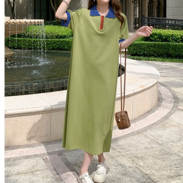Shointy - Maternity Elbow-Sleeve Midi Polo Shirt Dress | YesStyle