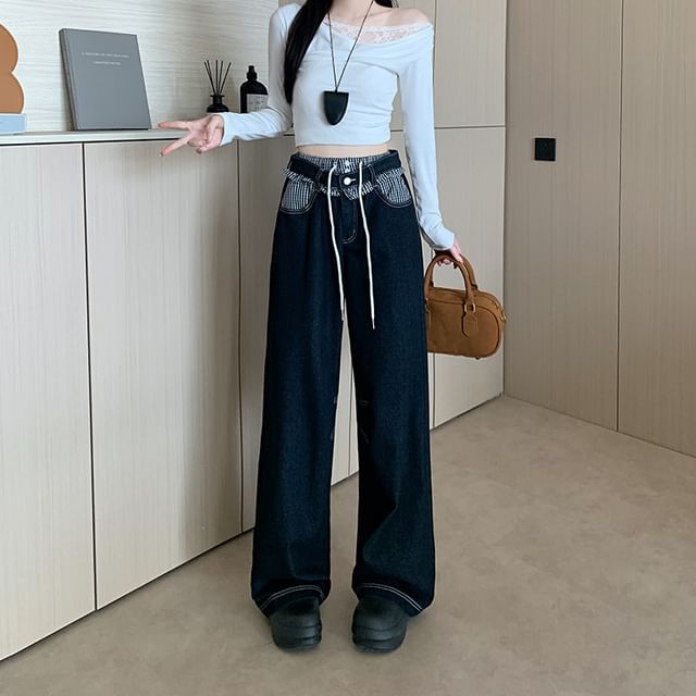 OGAWA-High Rise Gingham Panel Wide Leg Jeans