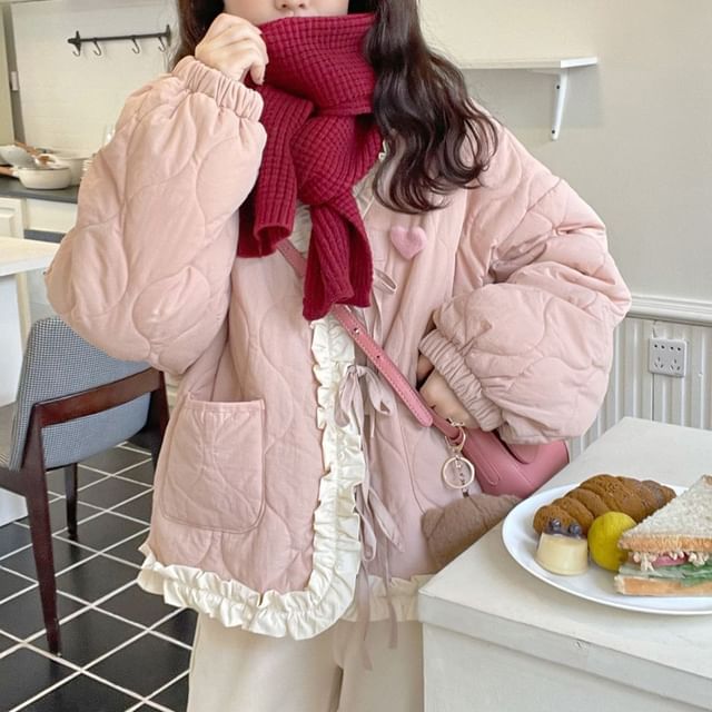 Fabricino-V-Neck Ruffle Hem Quilted Button Jacket