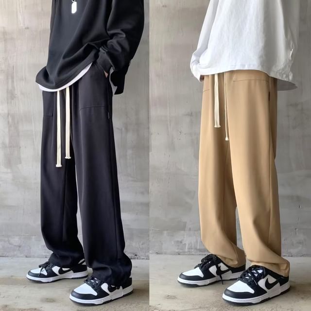Urtishia-Drawstring Waist Plain Wide Leg Pants