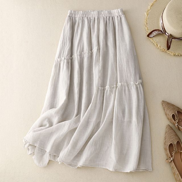 Supernova-High Waist Plain Ruffled Midi A-Line Skirt