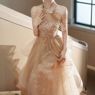 Yoanva Cold-Shoulder Butterfly Print Sequin Strappy A-Line Evening Gown Sale