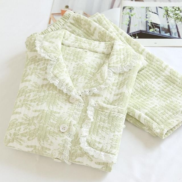 Dogini-Pajama Set Long-Sleeve Lace Trim Top Pants