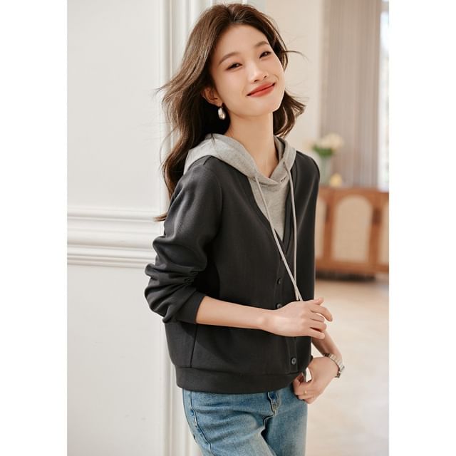 Jeonseon-Mock Two-Piece Two Tone Drawstring Button Hoodie