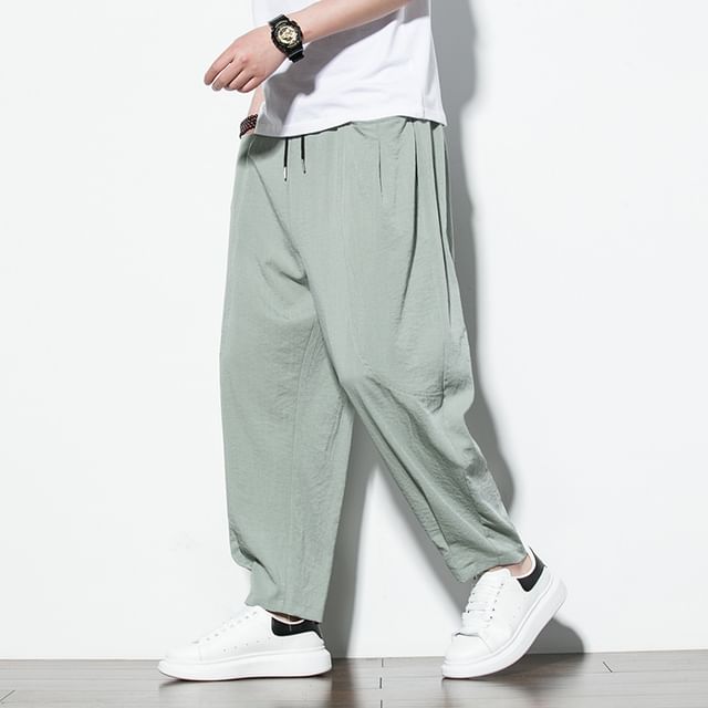Aozora-Drawstring Waist Plain Harem Pants