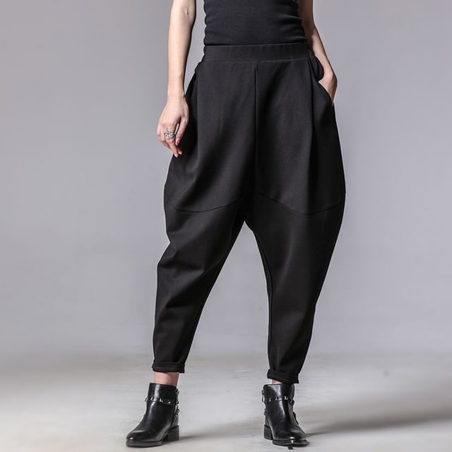 KUMI-Elastic Waist Plain Baggy Pants