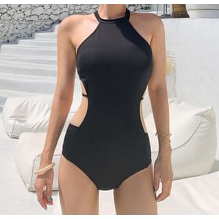 Maisee-Sleeveless Cutout Plain Swimsuit