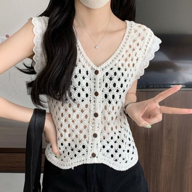 Allinya-V-Neck Plain Pointelle Button Sweater Vest