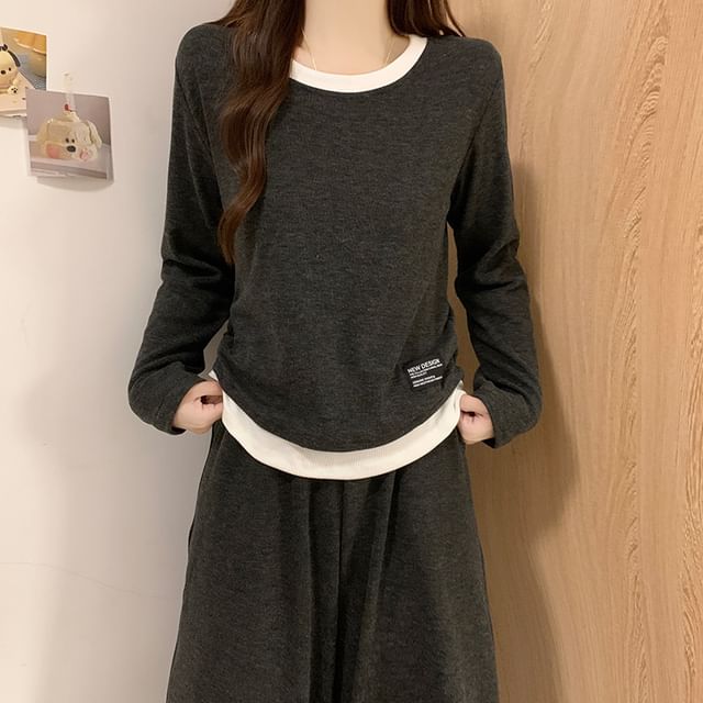 Siensien-Pajama Set Long-Sleeve Crew Neck Mock Two-Piece Two Tone T-Shirt Pants