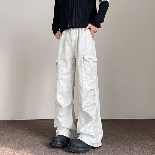 Fushet-Elastic Waist Washed Cargo Wide Leg Pants