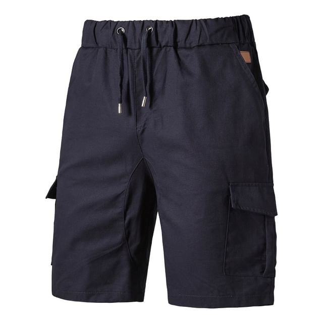 Aozora-Drawstring Waist Plain Cargo Shorts