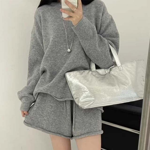 Coris-Set Crewneck Plain Sweater Knit Shorts