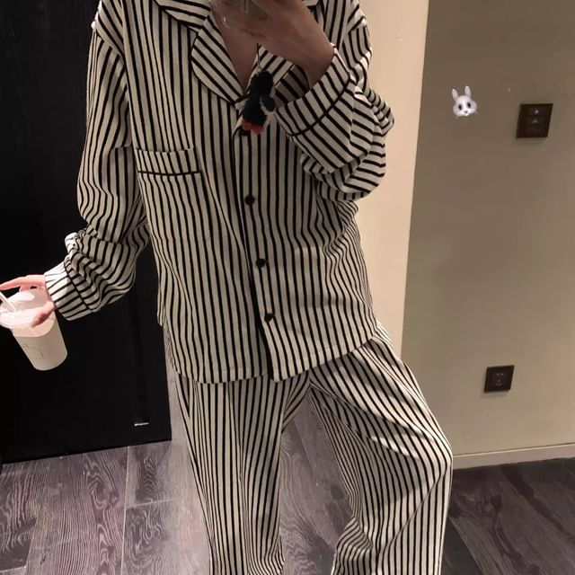 GOUB-Pajama Set Long-Sleeve Striped Top Pants