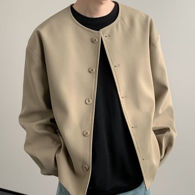 DAZO Studios-Stand Collar Plain Button Jacket