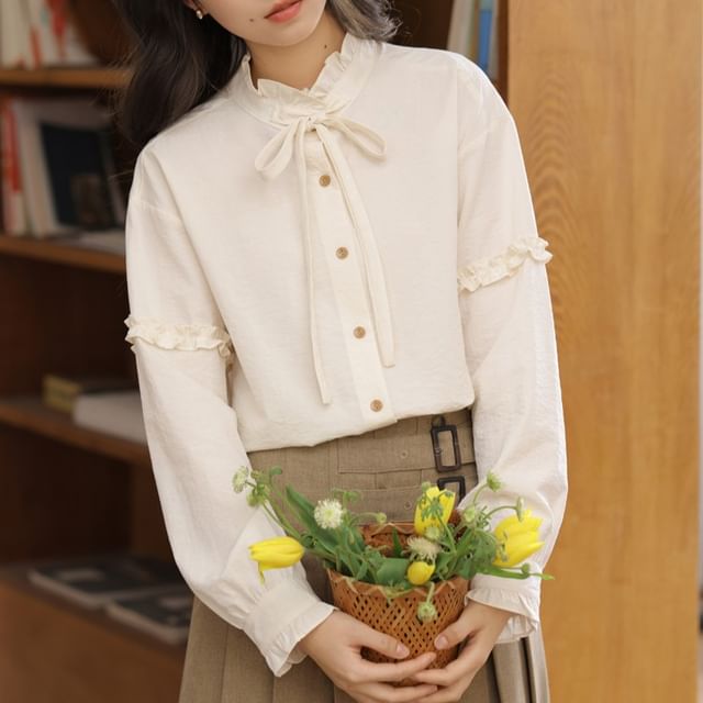Damzelle - Long-Sleeve Stand Collar Frill Trim Tie Front Button-Up