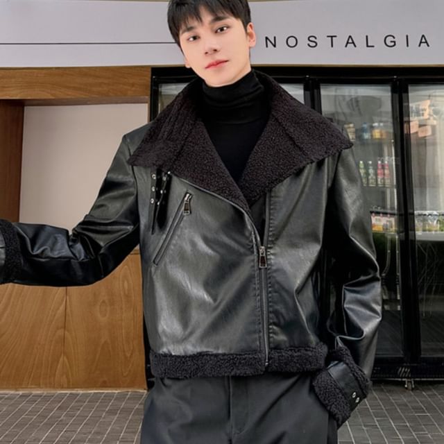 Freehop-Plain Faux Leather Biker Jacket