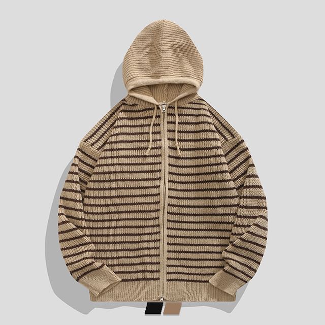 purplelouve-Striped Zip-Up Hooded Knit Jacket