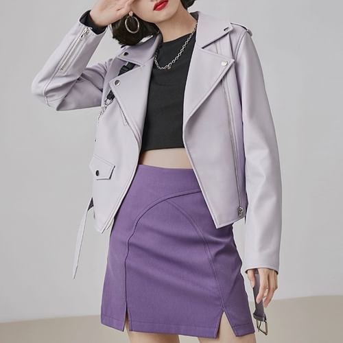 JVL - Lapel Collar Zipper Front Faux Leather Biker Jacket | YesStyle