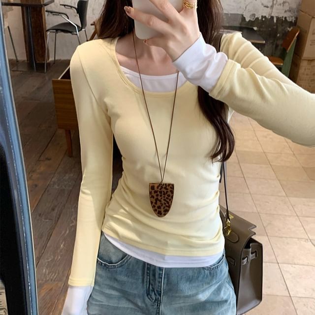 KUMI-Long-Sleeve Two Tone Mock Two-Piece Tee