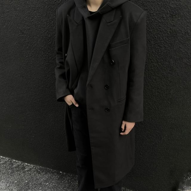 DragonRoad-Peak Lapel Plain Midi Double Breasted Coat