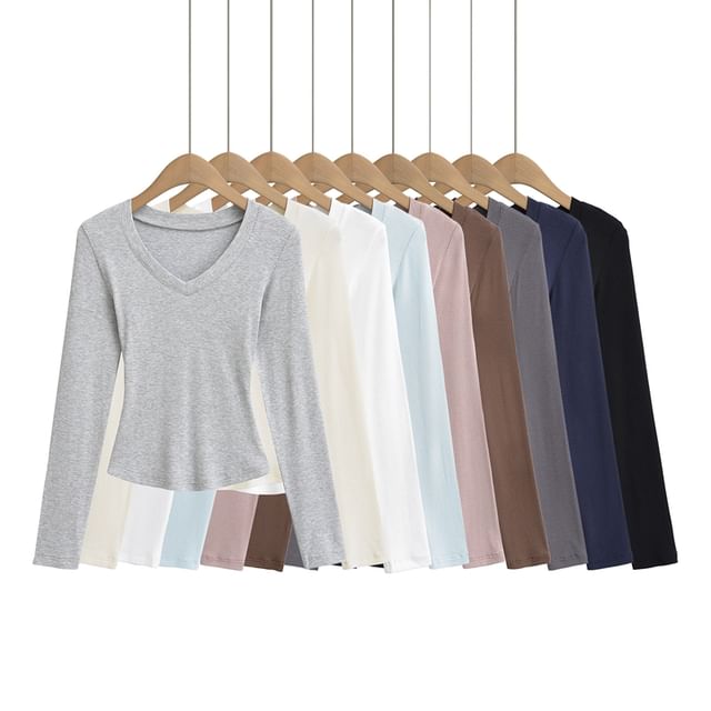 Ulark-Long-Sleeve V-Neck Plain T-Shirt