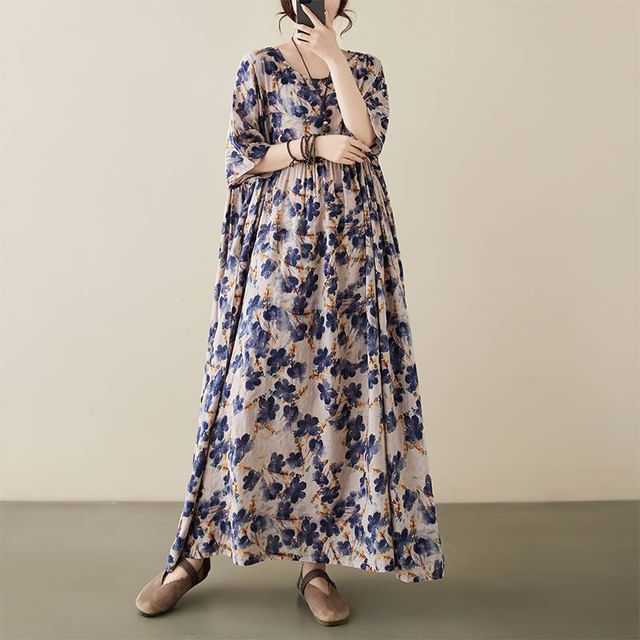 Lewwe - 3/4-Sleeve Round Neck Floral Print Maxi Tunic Dress | YesStyle