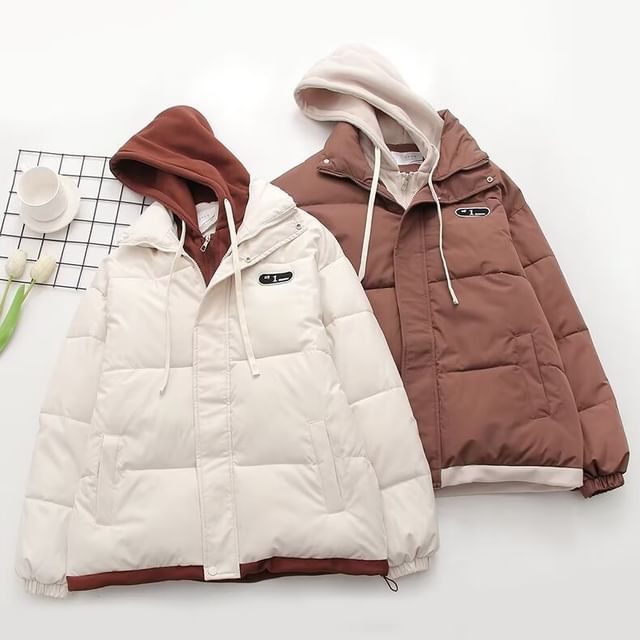 PANDAGO-Mock Two-Piece Two Tone Hooded Zip-Up Puffer Jacket