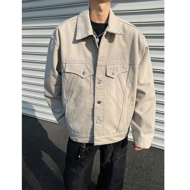 Plummie-Lapel Collared Drop Shoulder Plain Single-Breasted Denim Jacket