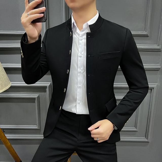 Sheck-Set Band Collar Plain Single Breasted Blazer Mid Rise Plain Dress Pants